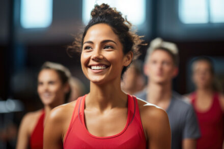 jeune femme au grand sourire pendant un cours de sport collectif